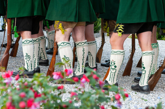 Corpus Christi procession, Riflemans, traditional costumes, woolen socks and guns