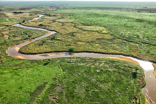 Democratic Republic of Congo, Aerial view of Garamba River winding in Garamba National Park