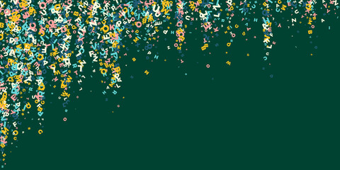 Falling letters of English language. Light flying words of Latin alphabet. Foreign languages study concept. Bold back to school banner on blackboard background.