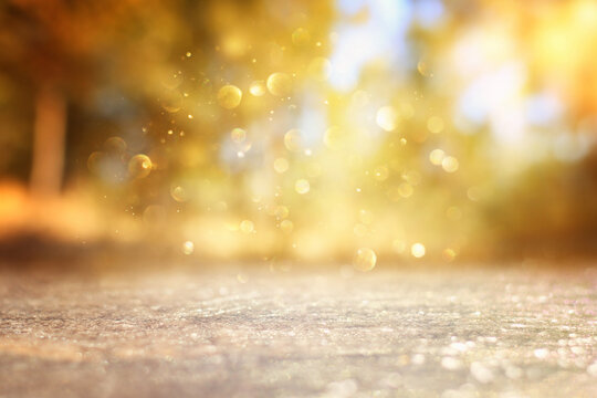 blurred abstract photo of light burst among trees and glitter golden bokeh lights