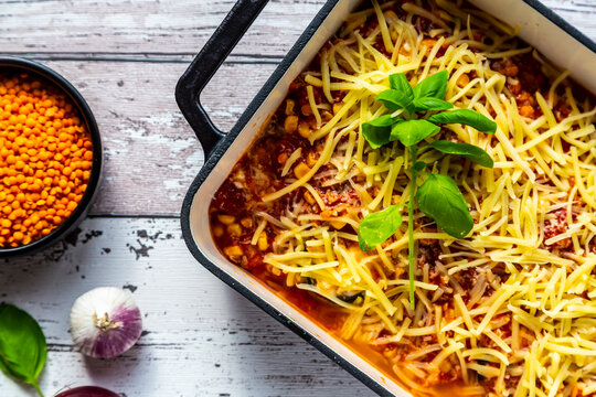 Aubergine lasagne in a casserole