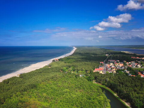Poland, Pomerania, Leba, Aerial view of coastline at Slowinski National Park