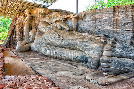 Sri Lanka, North Central Province, Polonnaruwa, Sculpture of lying Buddha in Gal Vihara temple