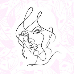 International Women's Day minimal design line drawing style. Portrait of young woman beauty face isolated on pastel leaf background. Vector for Spa, fashion, hairdressing and beautiful artwork design.