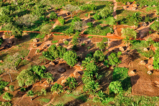 Democratic Republic of Congo, Haut-Uele,ÔøΩNagero,ÔøΩAerial view of village huts in Garamba National Park