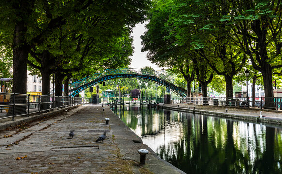 Trees lined by Canal St. Martin in Paris, France