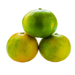 Three yellow-green mandarins stacked in a pyramid shape isolated on a white background.