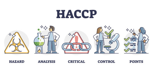 HACCP food safety preventive analysis and control system, outline diagram. Bacteria hazard monitoring and critical hygiene requirement points for safe food production process and preparation.