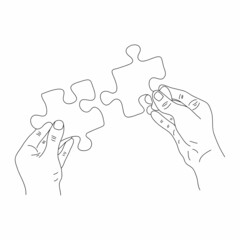 Connection. Hands trying to fit two puzzle pieces together. Puzzle icon, teamwork concept. Vector