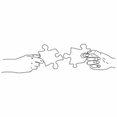 Connection. Hands trying to fit two puzzle pieces together. Puzzle icon, teamwork concept. Vector