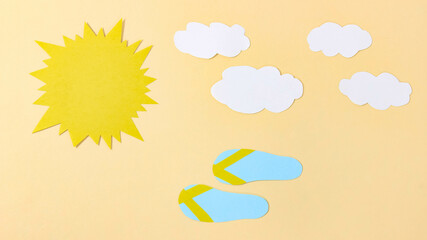 Paper sun and clouds, beach flip-flops run nearby. Summer cartoon.