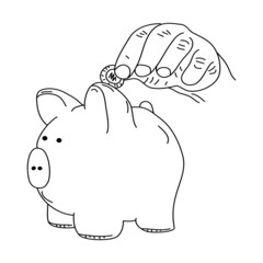 Sketch illustration of Piggy Bank with Hand Holds Coins