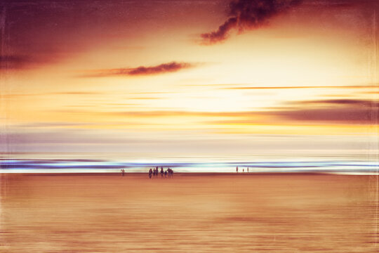 France, Nouvelle-Aquitaine, Contis, Contis Plage beach at moody sunset