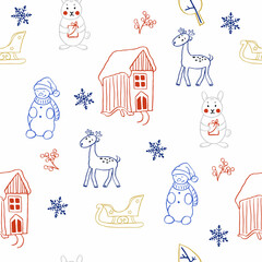 Fototapeta na wymiar Seamless Christmas pattern with red house, snow man, deer and cute hare. Outline