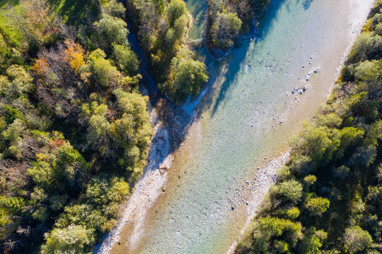 Germany, Upper Bavaria, Aerial view of Isar river near Lenggries