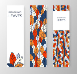 Set of vertical banners for advertising, invitations, internet sites from colorful leaves. Autumn background for sales. Geometric flat design. Place for your text. Vector illustration