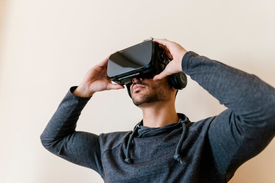 Man wearing virtual reality simulator