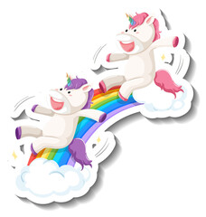 Cute unicorns slide on rainbow cartoon sticker