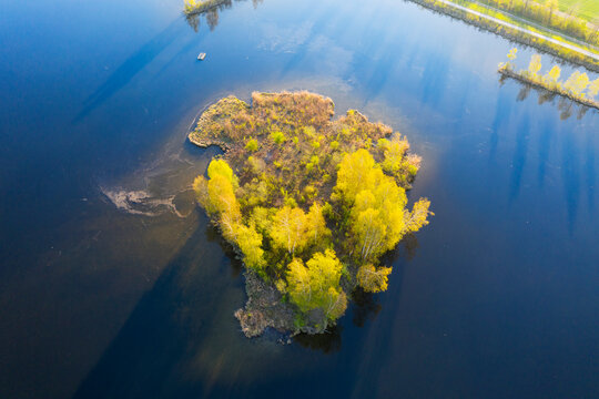 Germany, Augsburg, island in Bobinger reservoir, aerial view
