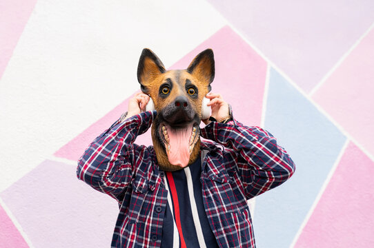 Woman wearing dog mask wearing headphones while standing against multi colored wall