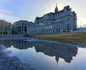 Canada, Quebec, Montreal, Old Port, water reflection in puddle