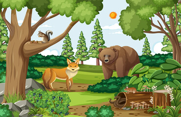 Scene with grizzly bear and fox in the forest at daytime