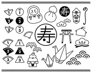 Fototapeta premium 日本のお祝い事 和風ベクターイラスト パーツ素材 モノクロ線画 縁起物