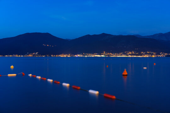 Montenegro, Bay of Kotor, Tivat, View from Krasici to Peninsula Lustica at blue hour