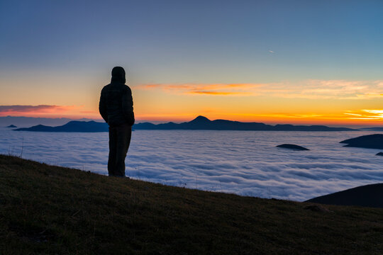 Italy, Marche, Apennines, Mount San Vicino at dawn seen from mount Cucco