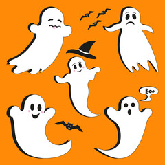 Set of cute white ghosts with bats on orange background