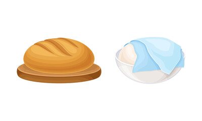 Fototapeta premium Baking bread process set. Dough rested under overlay and freshly baked bread vector illustration