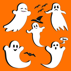 Vector Set of cute white ghosts with bats on orange background