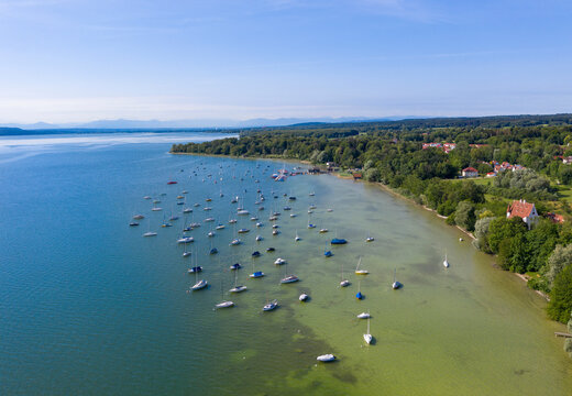 Aerial view of sailboats in Lake Ammersee at Utting, Bavaria, Germany