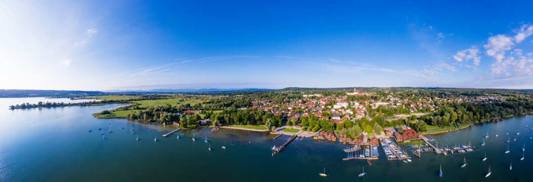 Panoramic view of harbor at Ammersee against sky in Bavaria, Germany