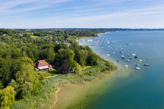 High angle view of Old Mansion restaurant by Lake Ammersee, Bavaria, Germany