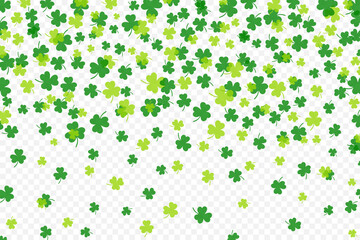 Fototapeta na wymiar Shamrock or green clover leaves pattern background flat design vector illustration isolated on transparent background. St Patricks Day shamrock symbols decorative elements pattern.
