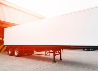 Cargo Container Trailer Truck Parked Loading Package Boxes at Dock Warehouse. Cargo Shipment. Industry Freight Truck Transportation. Shipping Warehouse Logistics.	