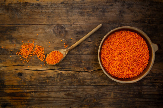 Overhead view of bowl of organic red lentils