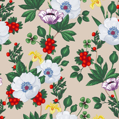Botanical seamless pattern: rose, berry and wildflowers