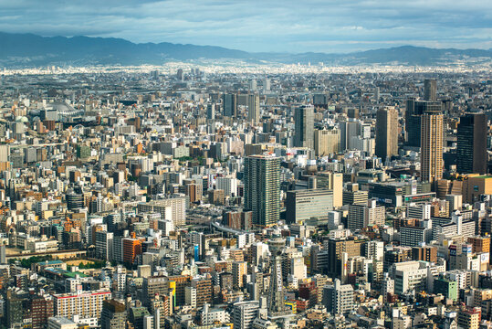 Japan, Osaka Prefecture, Osaka, Aerial view of densely populated city