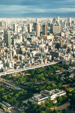 Japan, Osaka Prefecture, Osaka, Aerial view of densely populated city