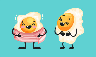 Ham and fried egg funny breakfast characters vector illustration