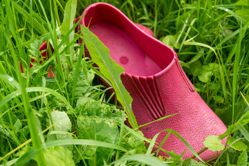 A pair of pink rubber galoshes in the green grass.