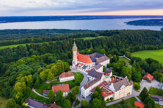 Aerial view of Andechs Monastery at Upper Bavaria, Germany