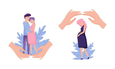 Maternity and family protection concept. Human hands protecting them against accidents flat vector illustration