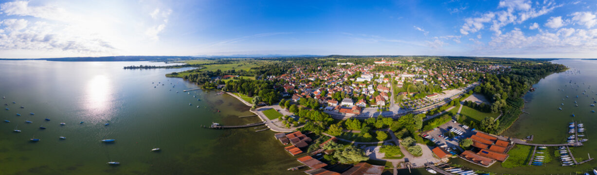 Panoramic view of Lake Ammersee and harbor in Upper Bavaria, Germany