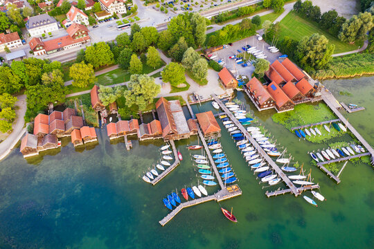 Aerial view of harbor and railroad station at Upper Bavaria, Germany