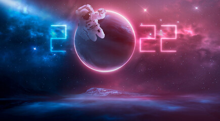 Space 2022. Futuristic space sci-fi abstract background with flying astronaut. Neon abstract space background with nebula and stars. Elements of this image furnished by NASA. 3D illustration. 