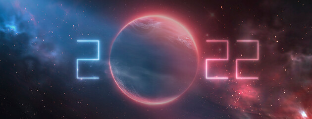 Space new 2022. Futuristic space sci-fi abstract background. Neon abstract space background with nebula and stars. 3d illustration. 