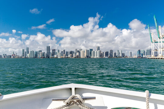 USA, Florida, skyline of Downtown Miami seen from boat on the water